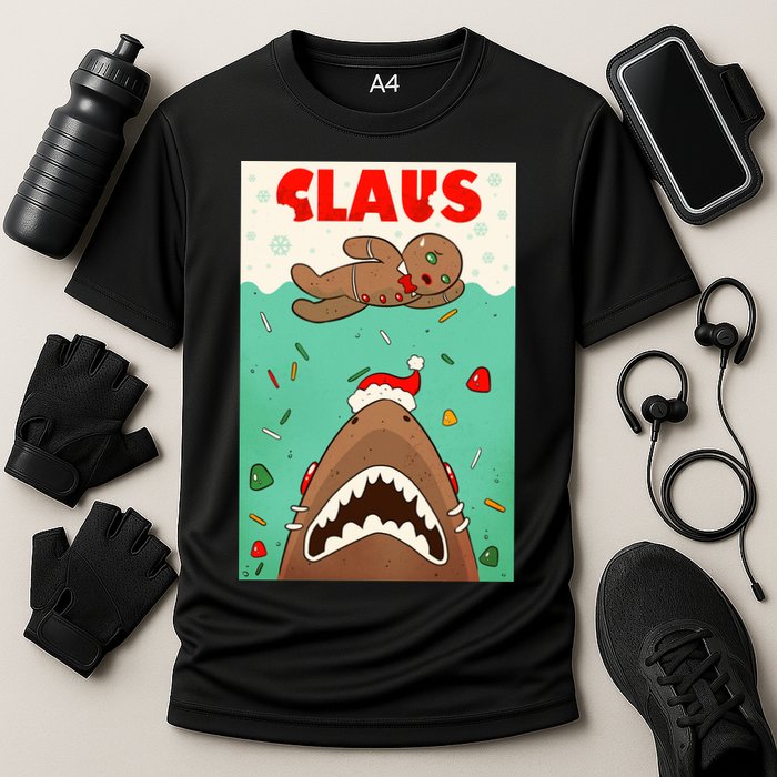 Funny Christmas Santa Claus Shark Attack Gingerbread Man Cooling Performance Crew T-Shirt