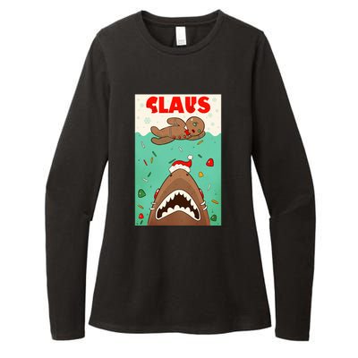 Funny Christmas Santa Claus Shark Attack Gingerbread Man Womens CVC Long Sleeve Shirt