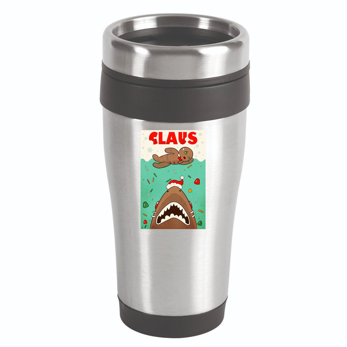 Funny Christmas Santa Claus Shark Attack Gingerbread Man 16oz Travel Tumbler