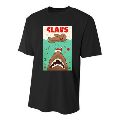 Funny Christmas Santa Claus Shark Attack Gingerbread Man Youth Performance Sprint T-Shirt