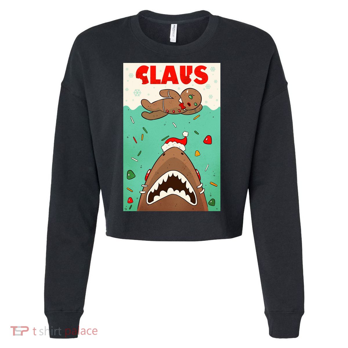 Funny Christmas Santa Claus Shark Attack Gingerbread Man Cropped Pullover Crew