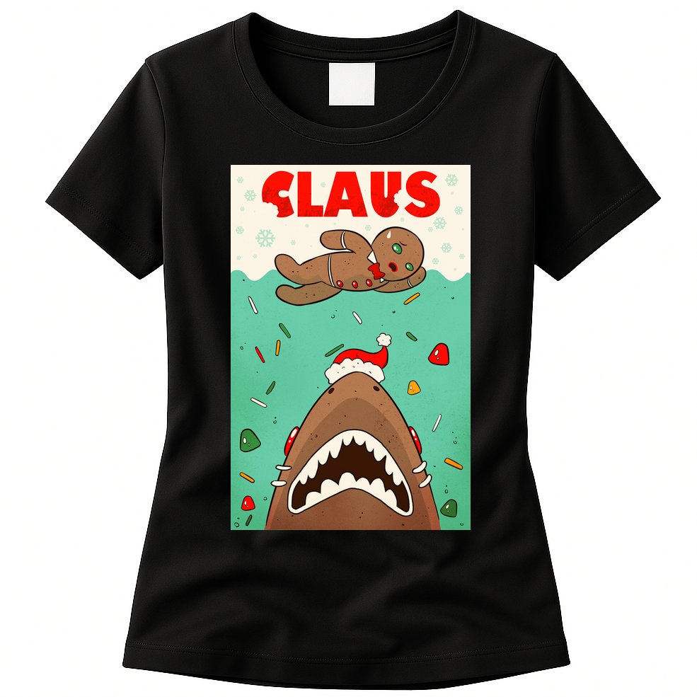 Funny Christmas Santa Claus Shark Attack Gingerbread Man Womens T-Shirt