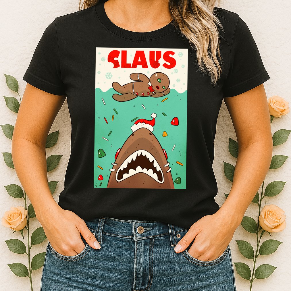 Funny Christmas Santa Claus Shark Attack Gingerbread Man Womens T-Shirt