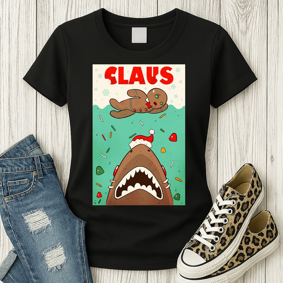 Funny Christmas Santa Claus Shark Attack Gingerbread Man Womens T-Shirt