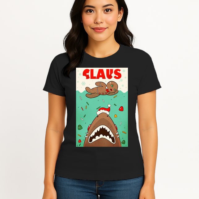 Funny Christmas Santa Claus Shark Attack Gingerbread Man Womens T-Shirt