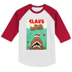 Funny Christmas Santa Claus Shark Attack Gingerbread Man Kids Colorblock Raglan Jersey