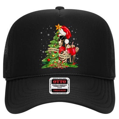 Funny Christmas Sorta Merry Sorta Scary Skeleton Xmas Tree High Crown Mesh Back Trucker Hat