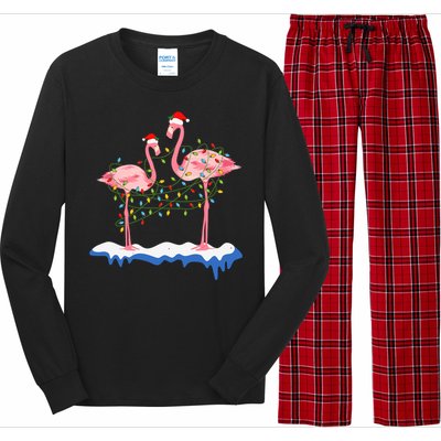 Flamingo Christmas Santa Hat Christmas Lights Flamingo Lover Long Sleeve Pajama Set