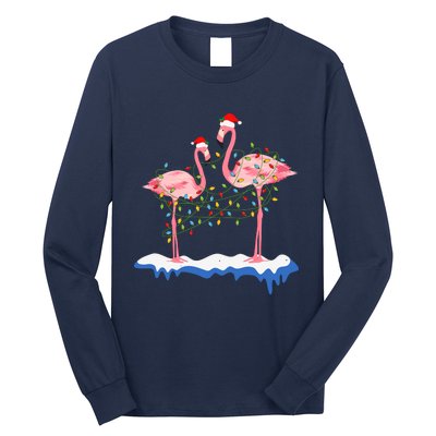 Flamingo Christmas Santa Hat Christmas Lights Flamingo Lover Long Sleeve Shirt