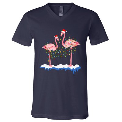 Flamingo Christmas Santa Hat Christmas Lights Flamingo Lover V-Neck T-Shirt