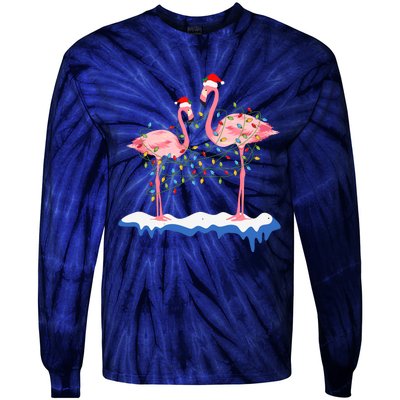 Flamingo Christmas Santa Hat Christmas Lights Flamingo Lover Tie-Dye Long Sleeve Shirt