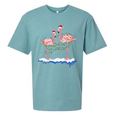 Flamingo Christmas Santa Hat Christmas Lights Flamingo Lover Sueded Cloud Jersey T-Shirt