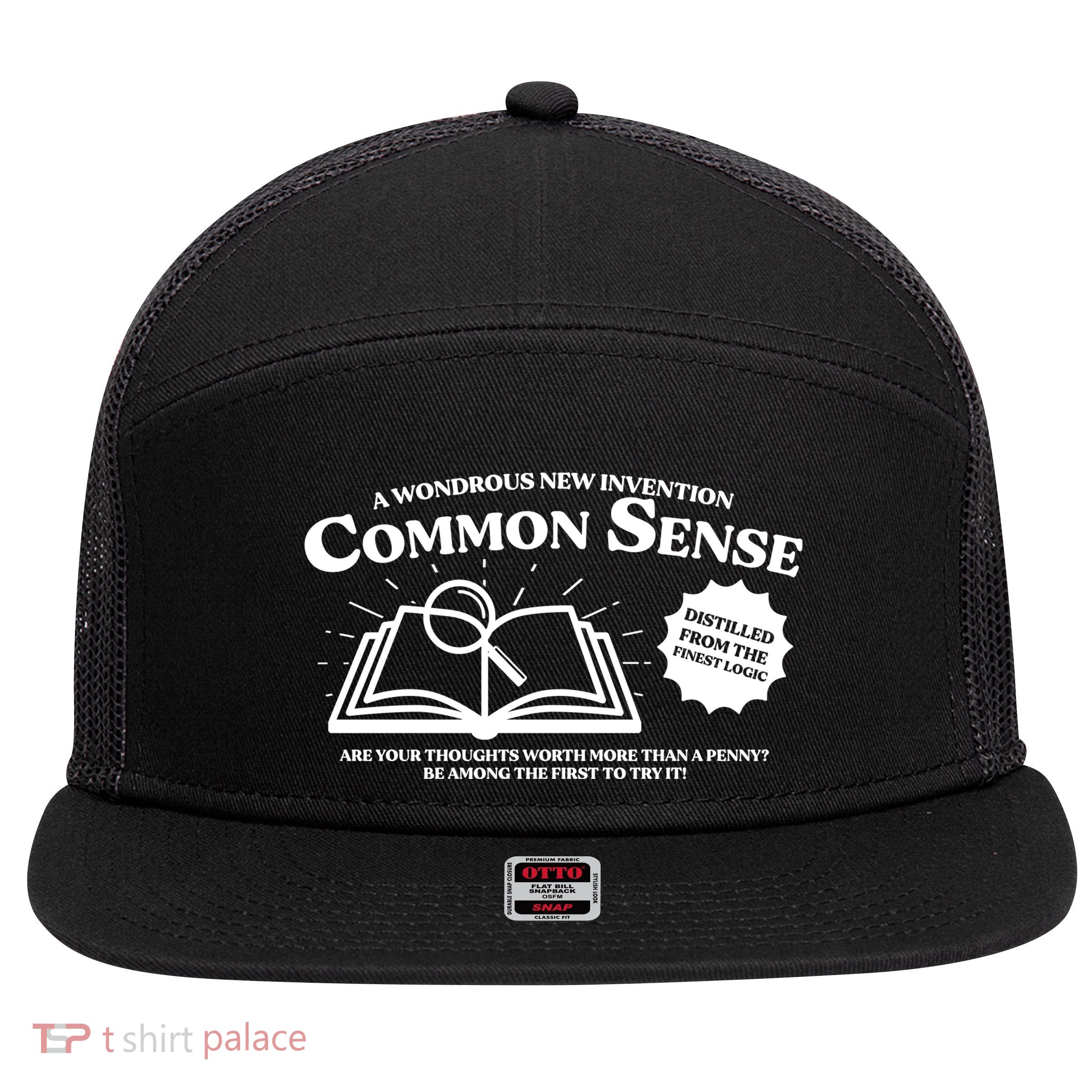 Funny Common Sense Advertisement 7 Panel Mesh Trucker Snapback Hat