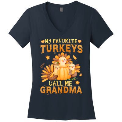 Funny Cute S My Favorite Turkeys Call Me Grandma Fall Thanksgiving Women's V-Neck T-Shirt