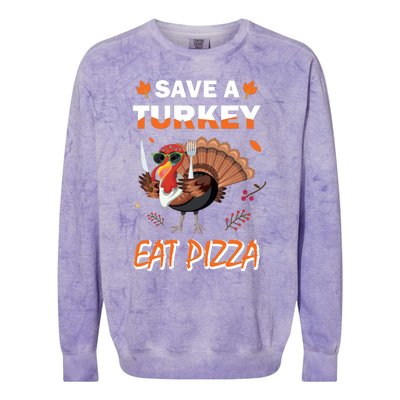 Funny Cute ''Save A Turkey Eat Pizza'' Thanksgiving Turkey Day Pizza Lover For Colorblast Crewneck Sweatshirt