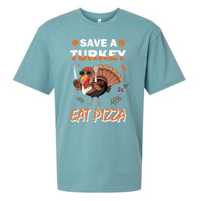 Funny Cute ''Save A Turkey Eat Pizza'' Thanksgiving Turkey Day Pizza Lover For Sueded Cloud Jersey T-Shirt