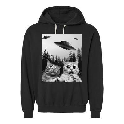 Funny Cat Selfie with UFOs Garment-Dyed Fleece Hoodie