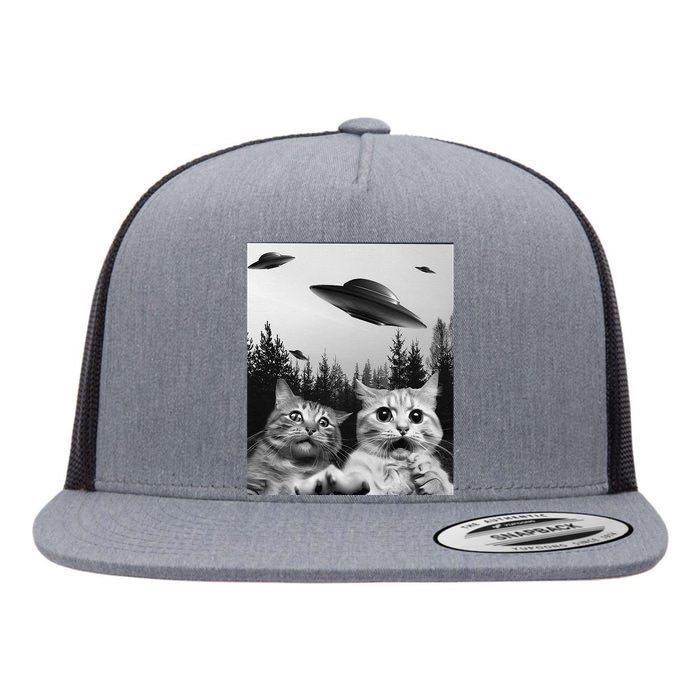 Funny Cat Selfie with UFOs Flat Bill Trucker Hat