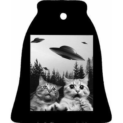 Funny Cat Selfie with UFOs Ceramic Bell Ornament