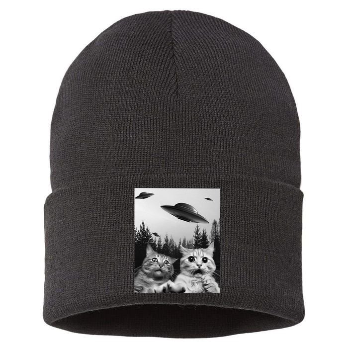 Funny Cat Selfie with UFOs Sustainable Knit Beanie