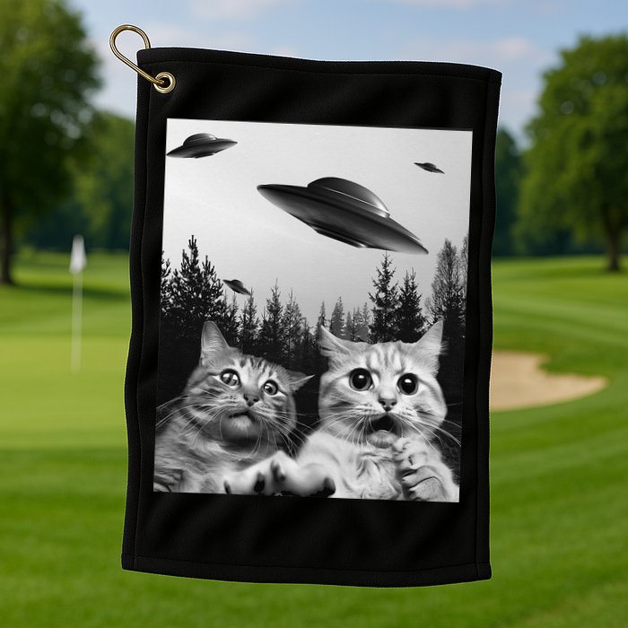 Funny Cat Selfie with UFOs Golf Towel