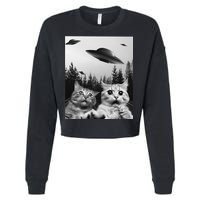 Funny Cat Selfie with UFOs Cropped Pullover Crew