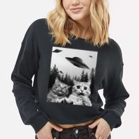 Funny Cat Selfie with UFOs Cropped Pullover Crew