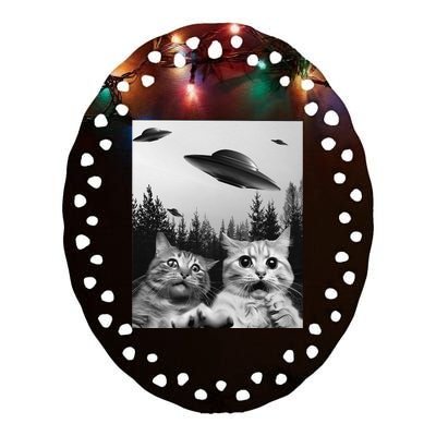 Funny Cat Selfie with UFOs Ceramic Oval Ornament