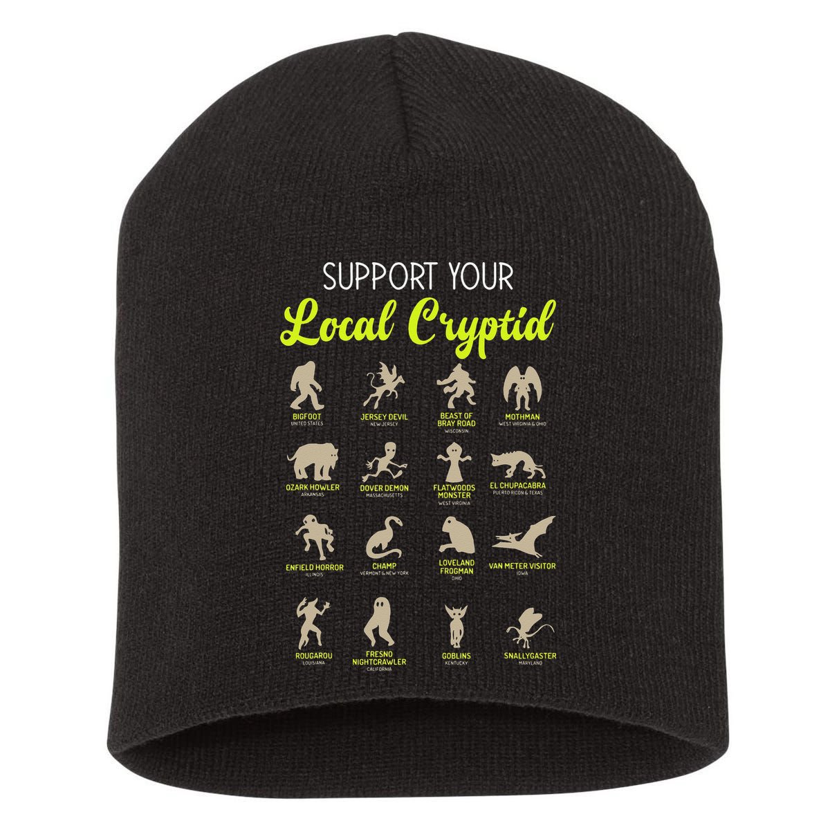 Funny Cryptozoology Support Your Local Cryptid Research Team Short Acrylic Beanie