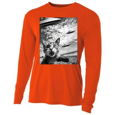 Funny Cat Selfie With Alien Ufos Cooling Performance Long Sleeve Crew