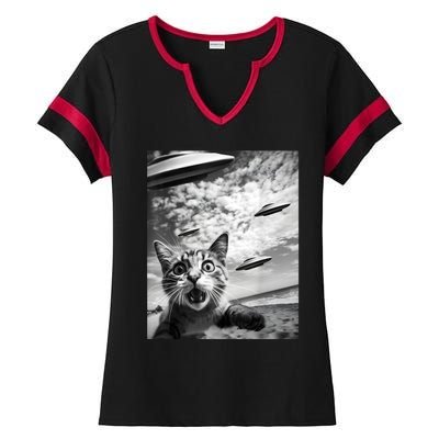 Funny Cat Selfie With Alien Ufos Ladies Halftime Notch Neck Tee