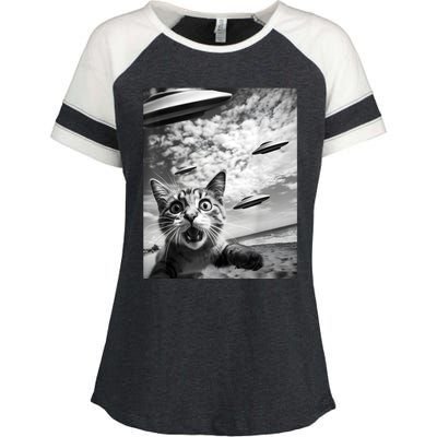 Funny Cat Selfie With Alien Ufos Enza Ladies Jersey Colorblock Tee