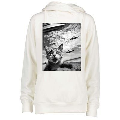 Funny Cat Selfie With Alien Ufos Womens Funnel Neck Pullover Hood