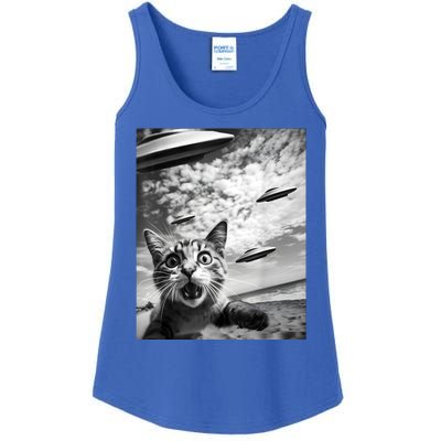 Funny Cat Selfie With Alien Ufos Ladies Essential Tank