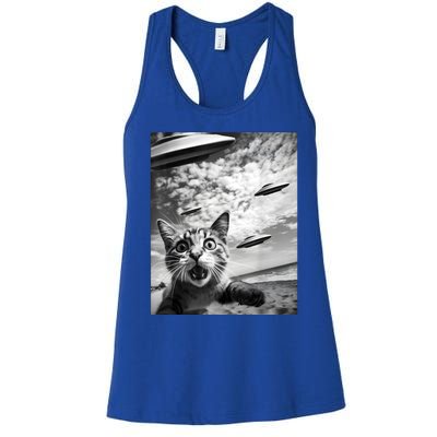 Funny Cat Selfie With Alien Ufos Women's Racerback Tank