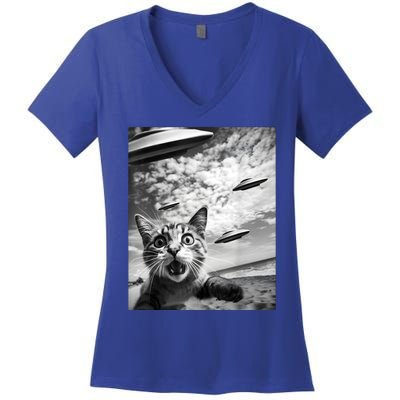 Funny Cat Selfie With Alien Ufos Women's V-Neck T-Shirt