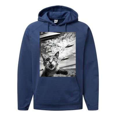 Funny Cat Selfie With Alien Ufos Performance Fleece Hoodie