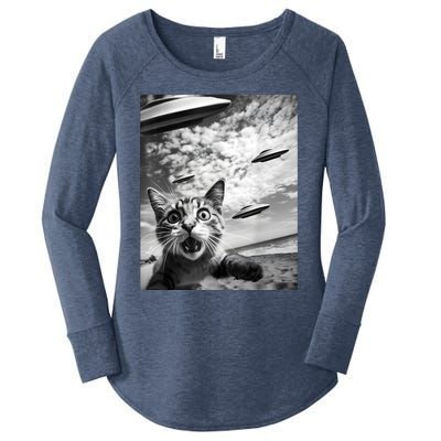 Funny Cat Selfie With Alien Ufos Women's Perfect Tri Tunic Long Sleeve Shirt