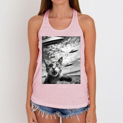 Funny Cat Selfie With Alien Ufos Women's Knotted Racerback Tank