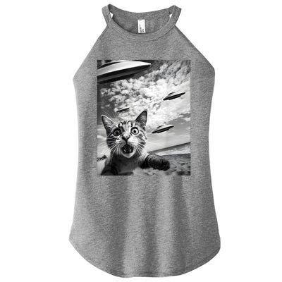 Funny Cat Selfie With Alien Ufos Women’s Perfect Tri Rocker Tank