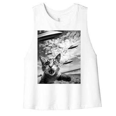 Funny Cat Selfie With Alien Ufos Women's Racerback Cropped Tank