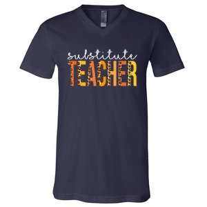 Funny Cute Substitute Teacher Leopard Fall Autumn Thanksgiving V-Neck T-Shirt