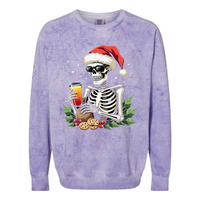 Funny Christmas Skeleton With Santa Hat Cookies & Drink Colorblast Crewneck Sweatshirt