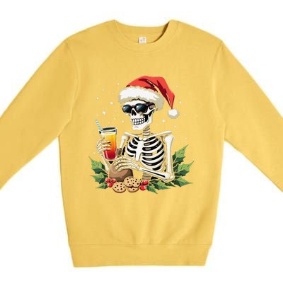 Funny Christmas Skeleton With Santa Hat Cookies & Drink Premium Crewneck Sweatshirt