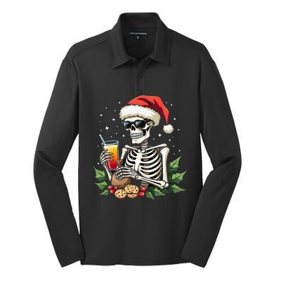 Funny Christmas Skeleton With Santa Hat Cookies & Drink Silk Touch Performance Long Sleeve Polo