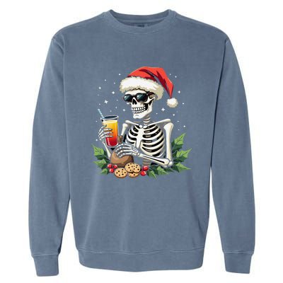 Funny Christmas Skeleton With Santa Hat Cookies & Drink Garment-Dyed Sweatshirt