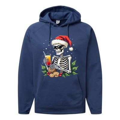 Funny Christmas Skeleton With Santa Hat Cookies & Drink Performance Fleece Hoodie