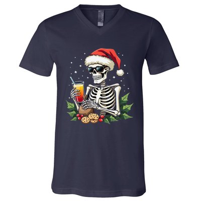 Funny Christmas Skeleton With Santa Hat Cookies & Drink V-Neck T-Shirt