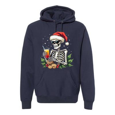 Funny Christmas Skeleton With Santa Hat Cookies & Drink Premium Hoodie