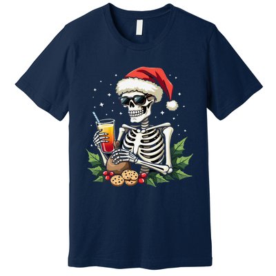 Funny Christmas Skeleton With Santa Hat Cookies & Drink Premium T-Shirt